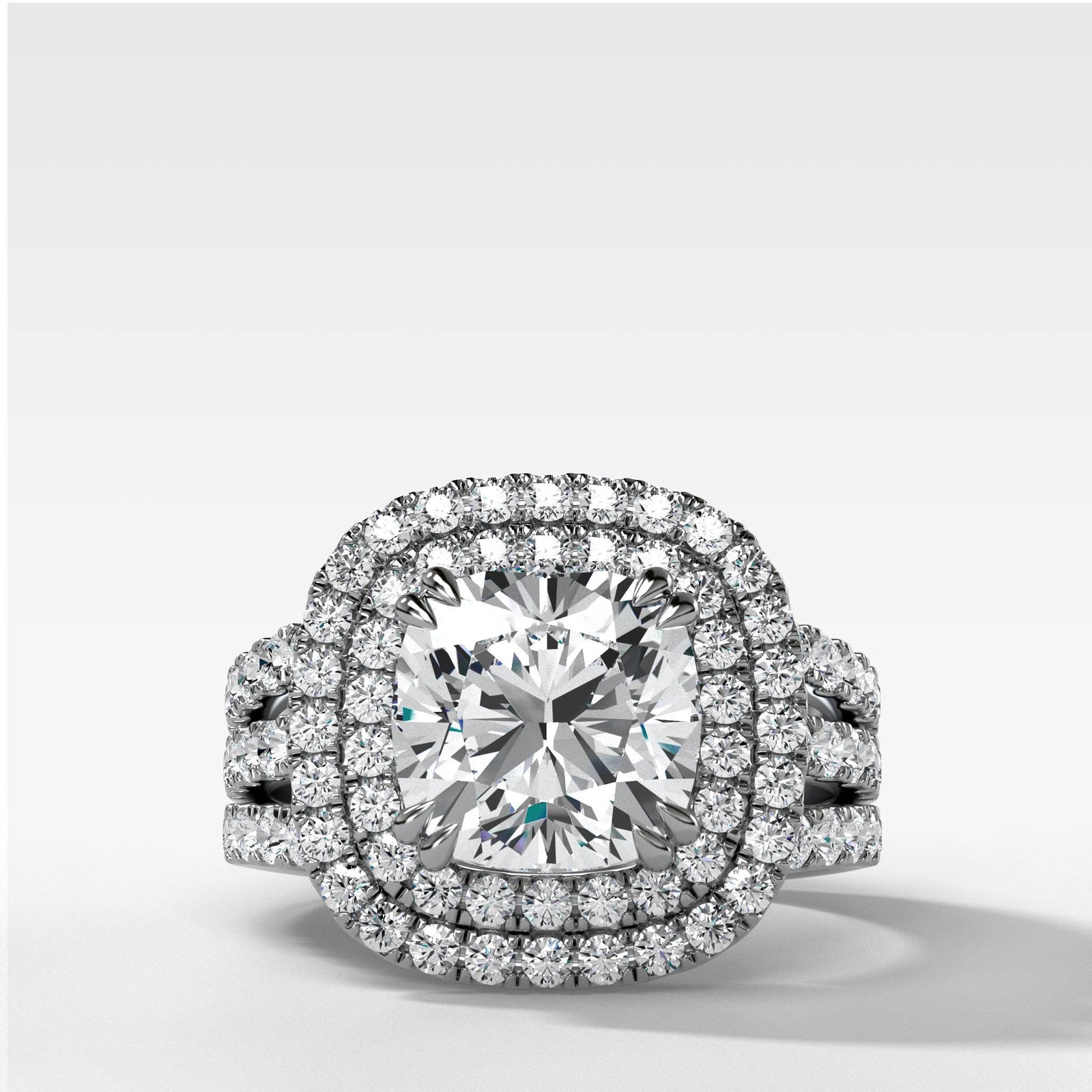 Double Halo Triple Shank Engagement Ring With Cushion Cut by Good Stone in Yellow Gold