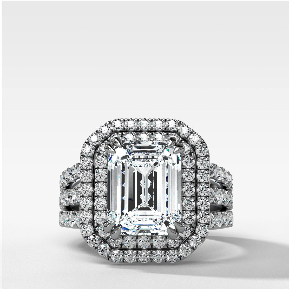 Double Halo Triple Shank Engagement Ring With Emerald Cut by Good Stone in White Gold