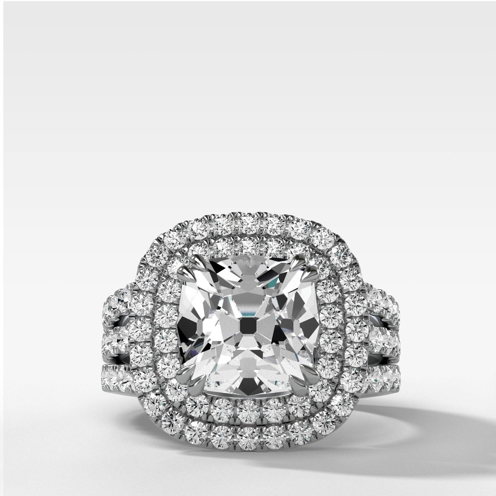 Double Halo Triple Shank Engagement Ring With Old Mine Cut by Good Stone in Yellow Gold