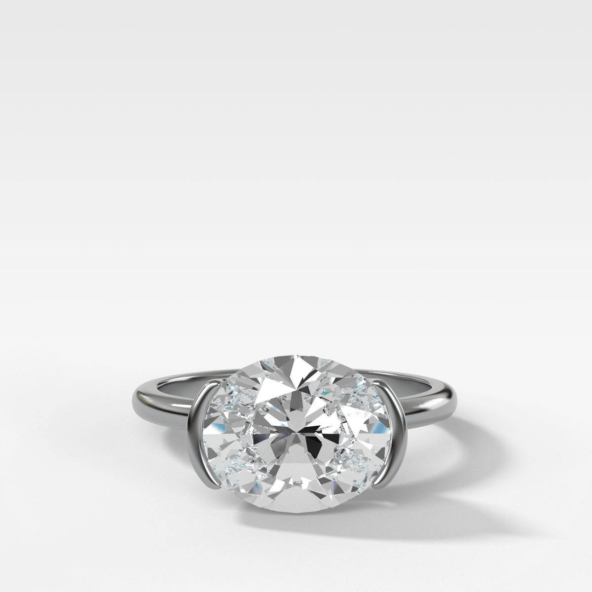 East West Half Bezel Solitaire Engagement Ring With Oval Cut in White Gold by Good Stone