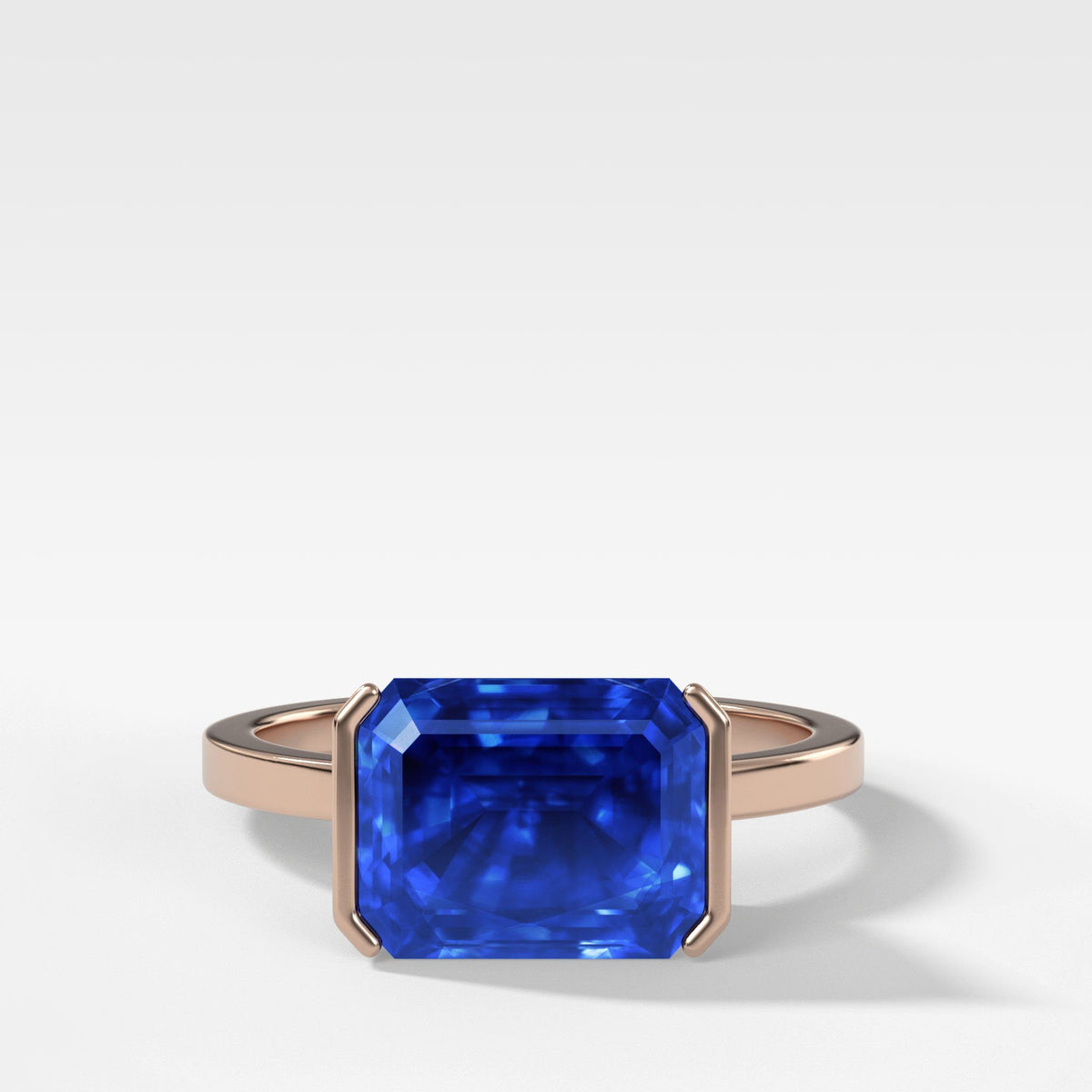 East West Half Bezel Solitaire with 2.99ct Emerald Ceylon Blue Sapphire by Good Stone in Rose Gold