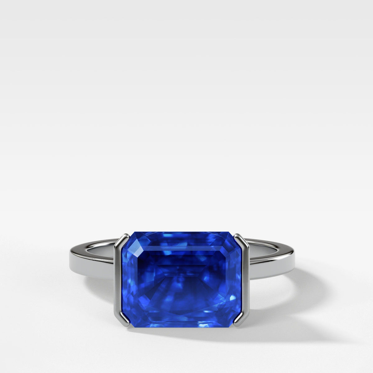 East West Half Bezel Solitaire with 2.99ct Emerald Ceylon Blue Sapphire by Good Stone in White Gold
