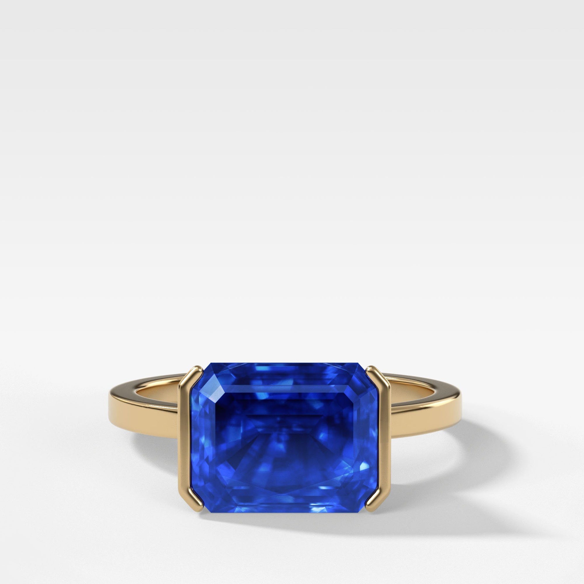 East West Half Bezel Solitaire with 2.99ct Emerald Ceylon Blue Sapphire by Good Stone in Yellow Gold