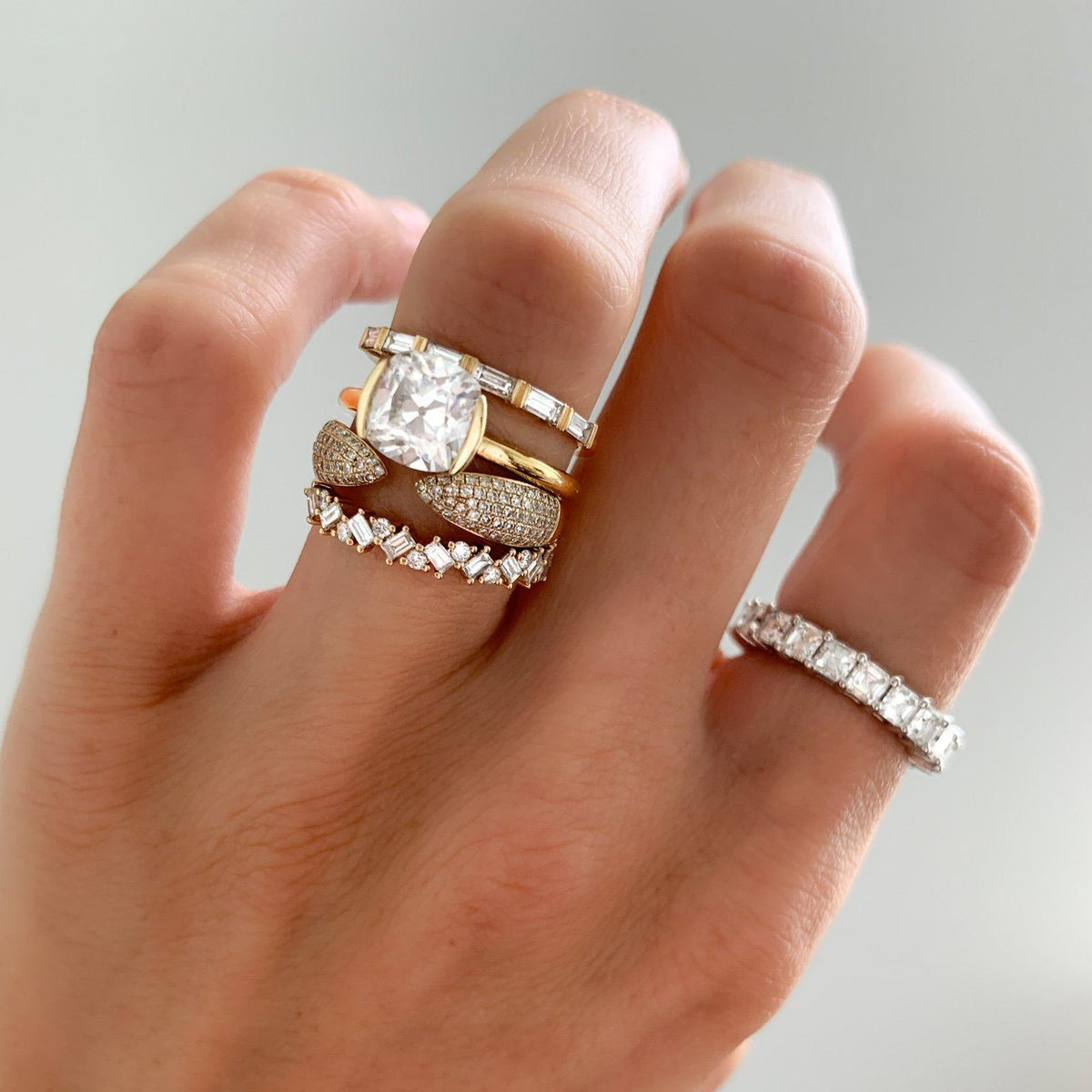Baguette Diamond Medley Stacker by Good Stone available in Gold and Platinum