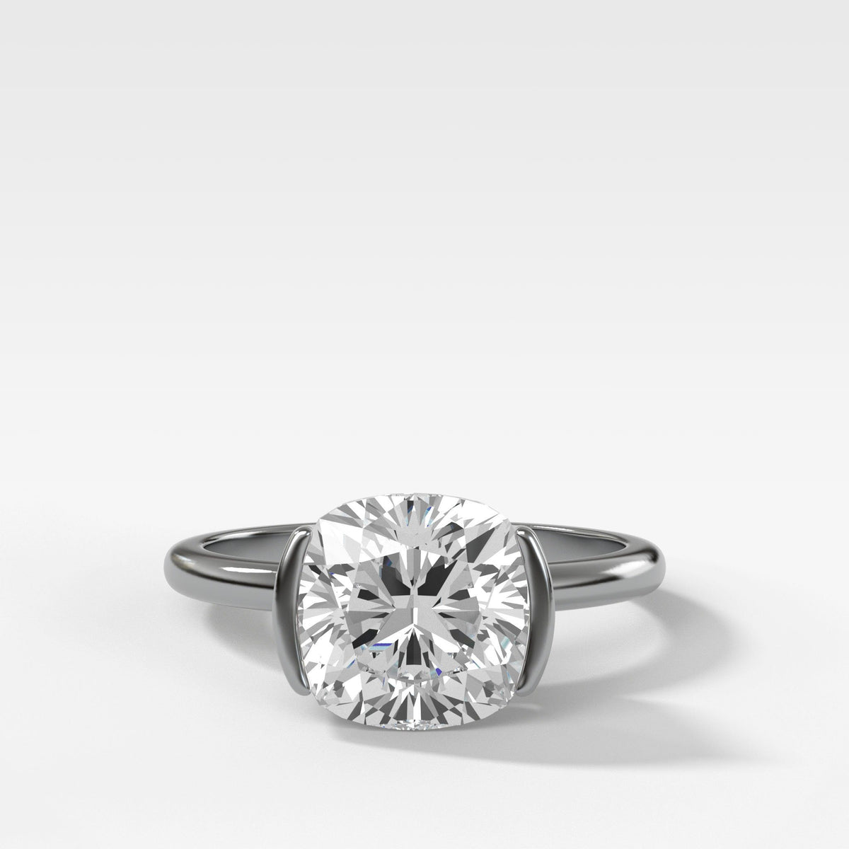 Half Bezel Solitaire Engagement Ring With Cushion Cut by Good Stone in White Gold