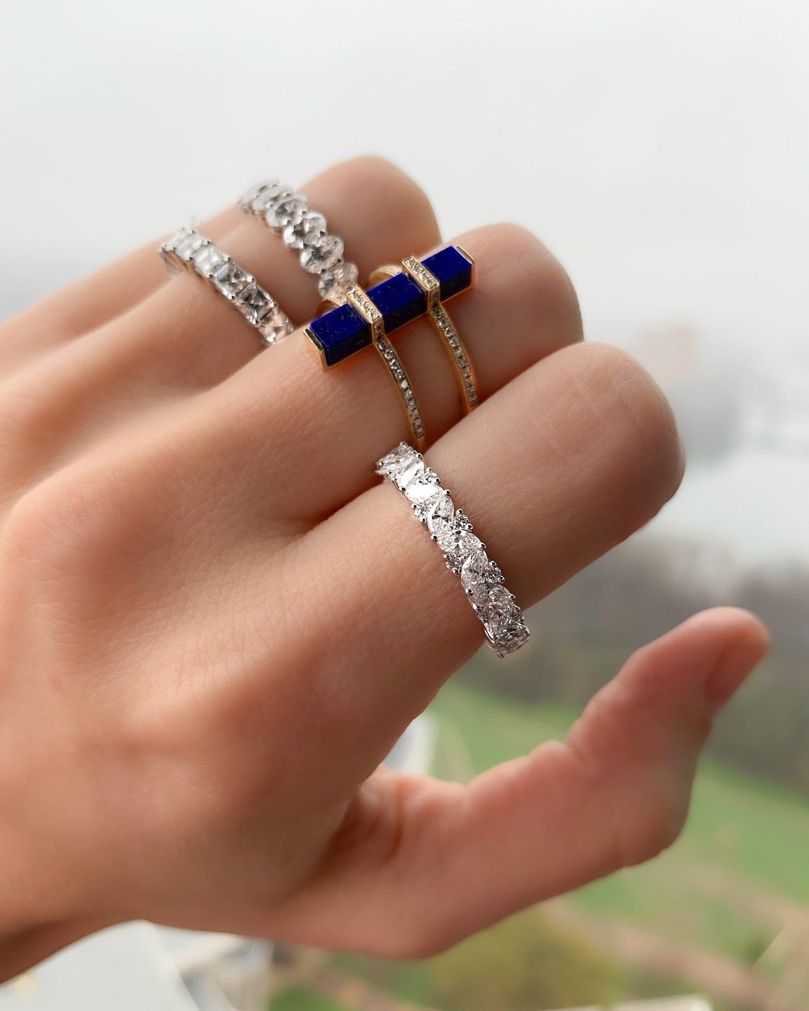 Marquise Round Multi Shape Diamond and Aquamarine Wedding Band by Good Stone in Yellow Gold