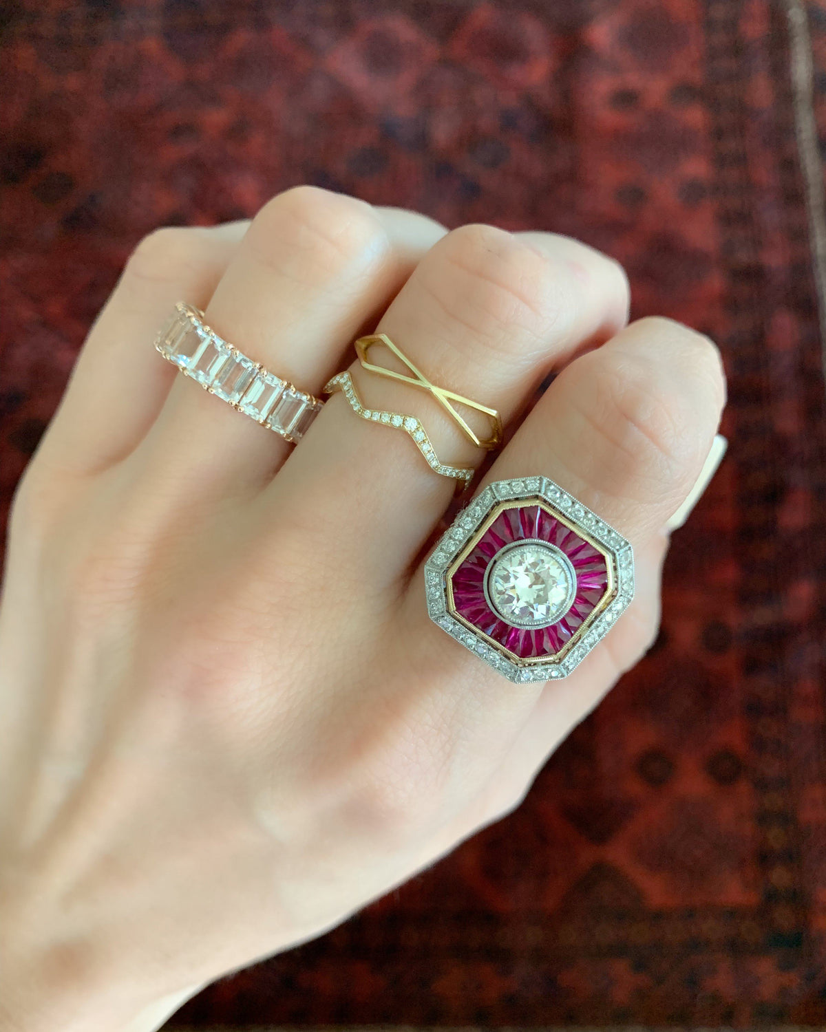 Highlight Vintage Ruby And Diamond Two Tone Art Deco Halo Setting by Good Stone available in Gold and Platinum