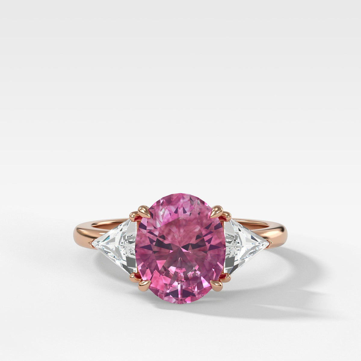 Pink Sapphire Three Stone Ring with Trillion Diamond Sides by Good Stone in Rose Gold