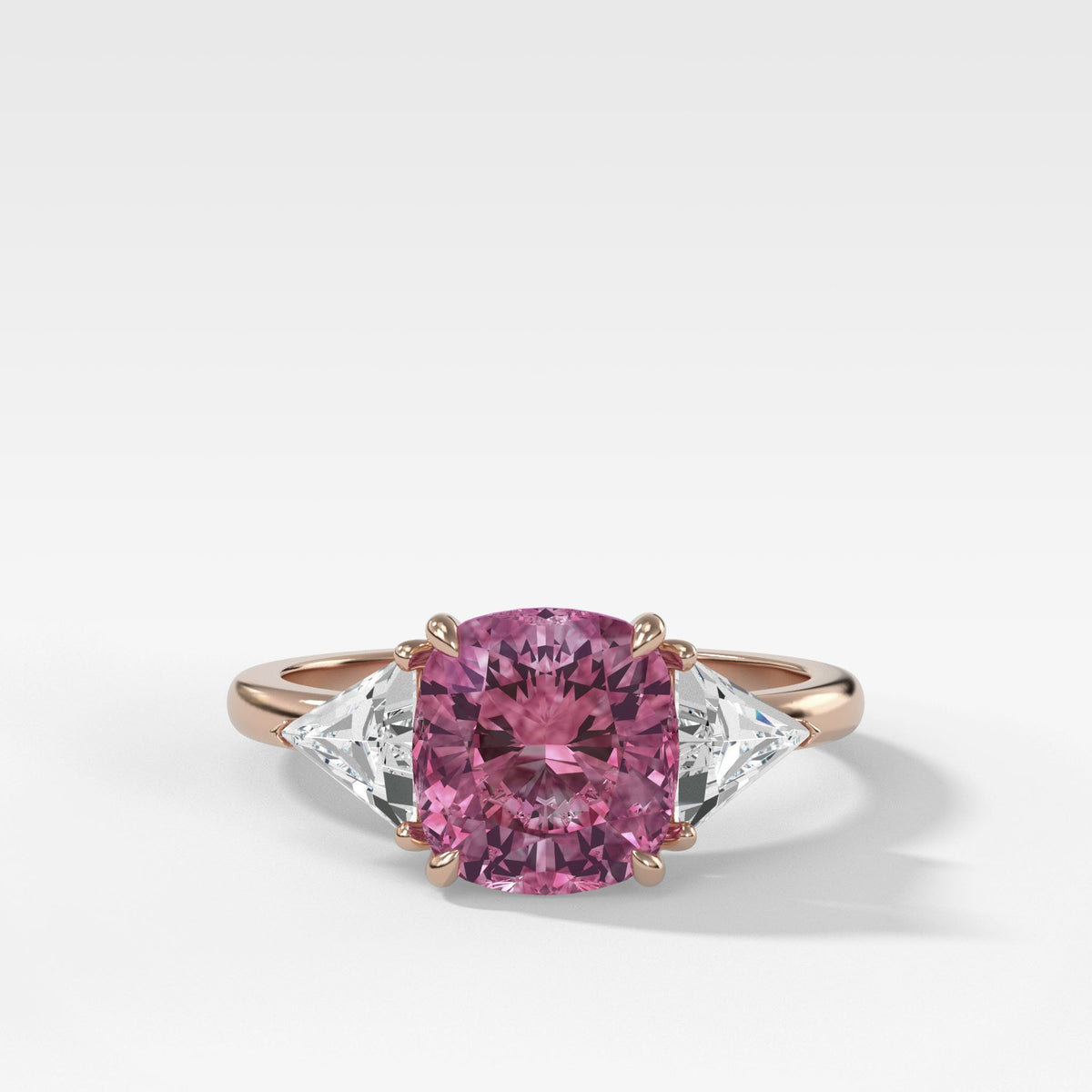 Vintage 2.35ct Pink Sapphire Three Stone Ring with Trillion Diamond Sides by Good Stone in Rose Gold