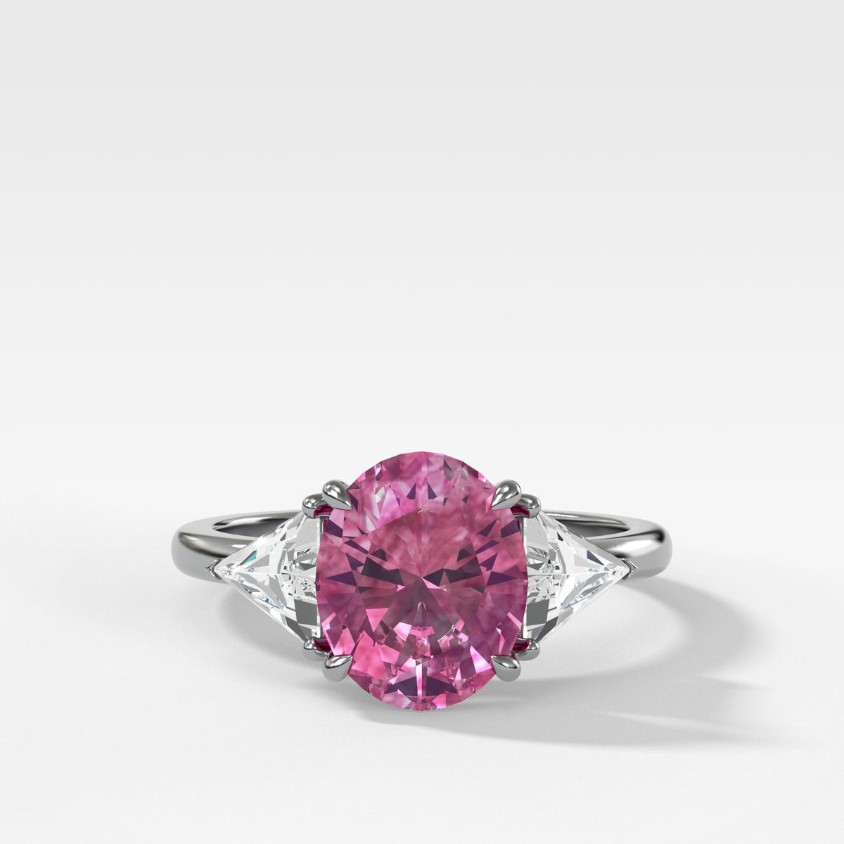 Pink Sapphire Three Stone Ring with Trillion Diamond Sides by Good Stone in White Gold