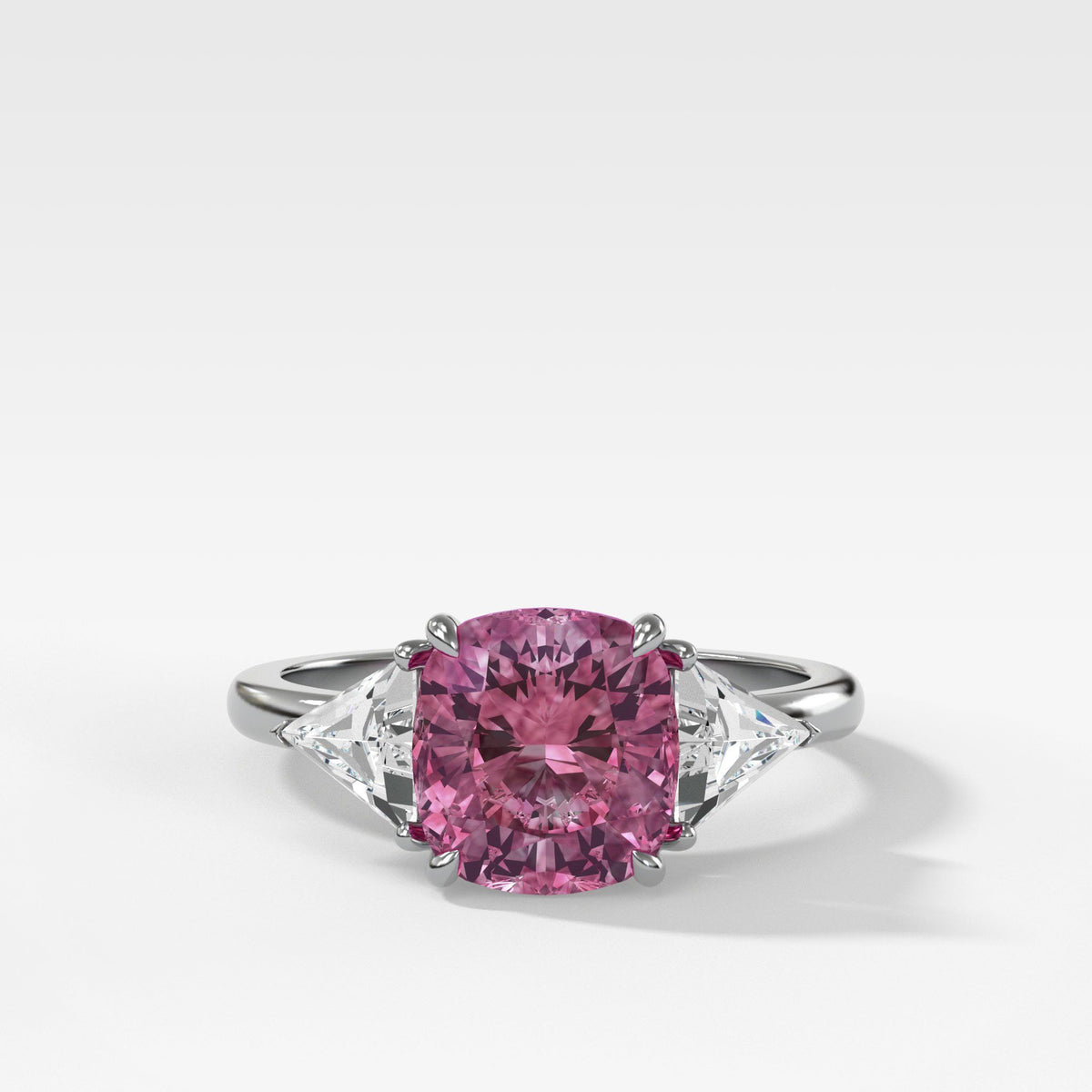 Vintage 2.35ct Pink Sapphire Three Stone Ring with Trillion Diamond Sides by Good Stone in White Gold