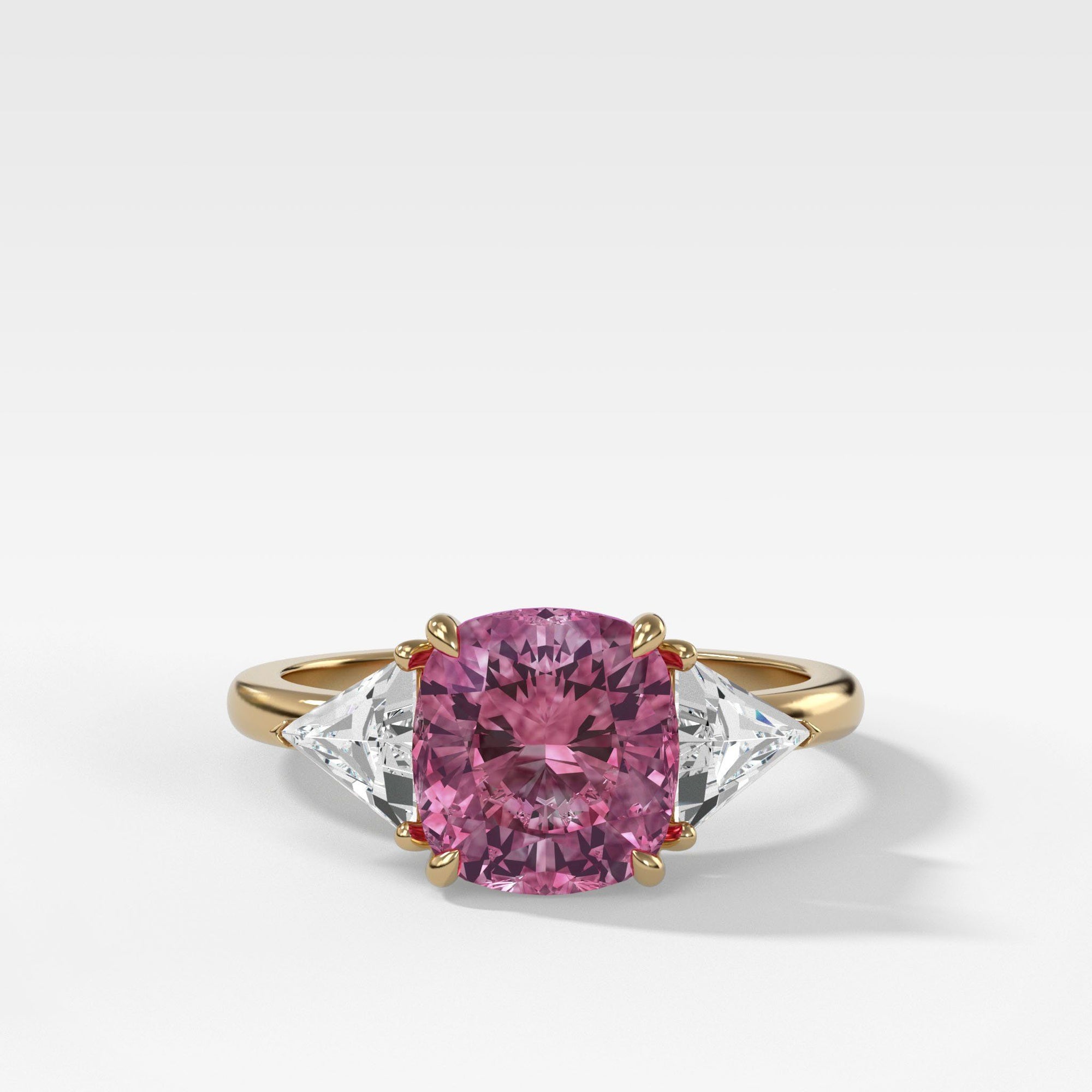 Vintage 2.35ct Pink Sapphire Three Stone Ring with Trillion Diamond Sides by Good Stone in Yellow Gold