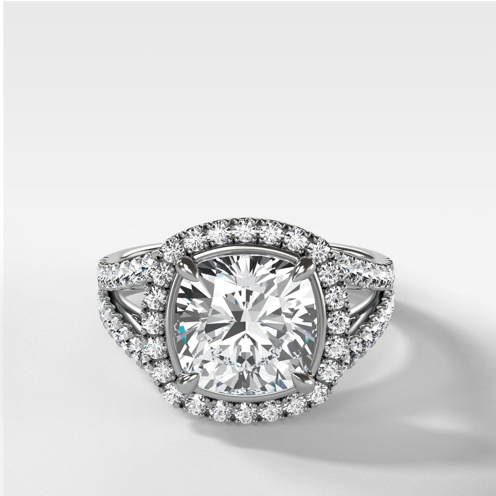 Split Shank Halo Engagement Ring With Cushion Cut by Good Stone in Yellow Gold