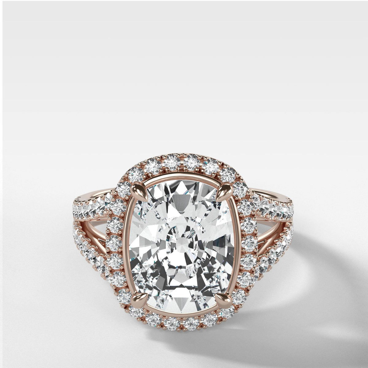 Split Shank Halo Engagement Ring With Elongated Cushion Cut by Good Stone in Rose Gold