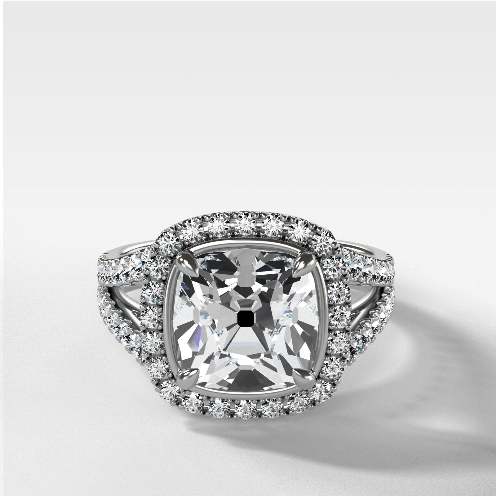 Split Shank Halo Engagement Ring With Old Mine Cut by Good Stone in Yellow Gold