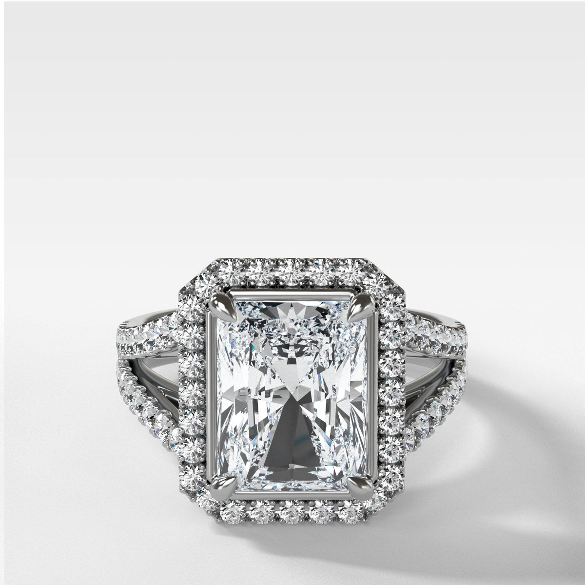 Split Shank Halo Engagement Ring With Radiant Cut by Good Stone in White Gold
