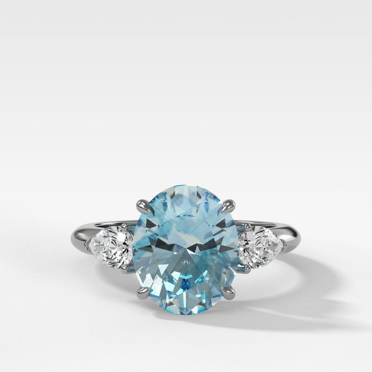Three Stone Engagement Ring With Pear Side Stones And Aquamarine Oval Cut by Good Stone in White Gold