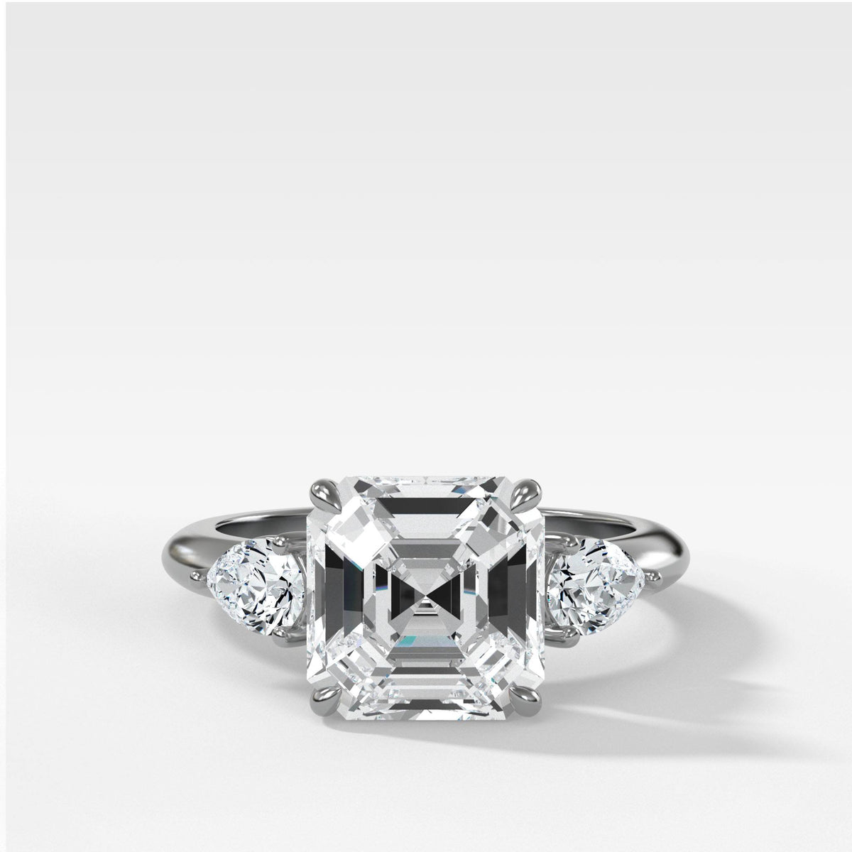 Three Stone Engagement Ring With Pear Side Stones and Asscher Cut by Good Stone in White Gold
