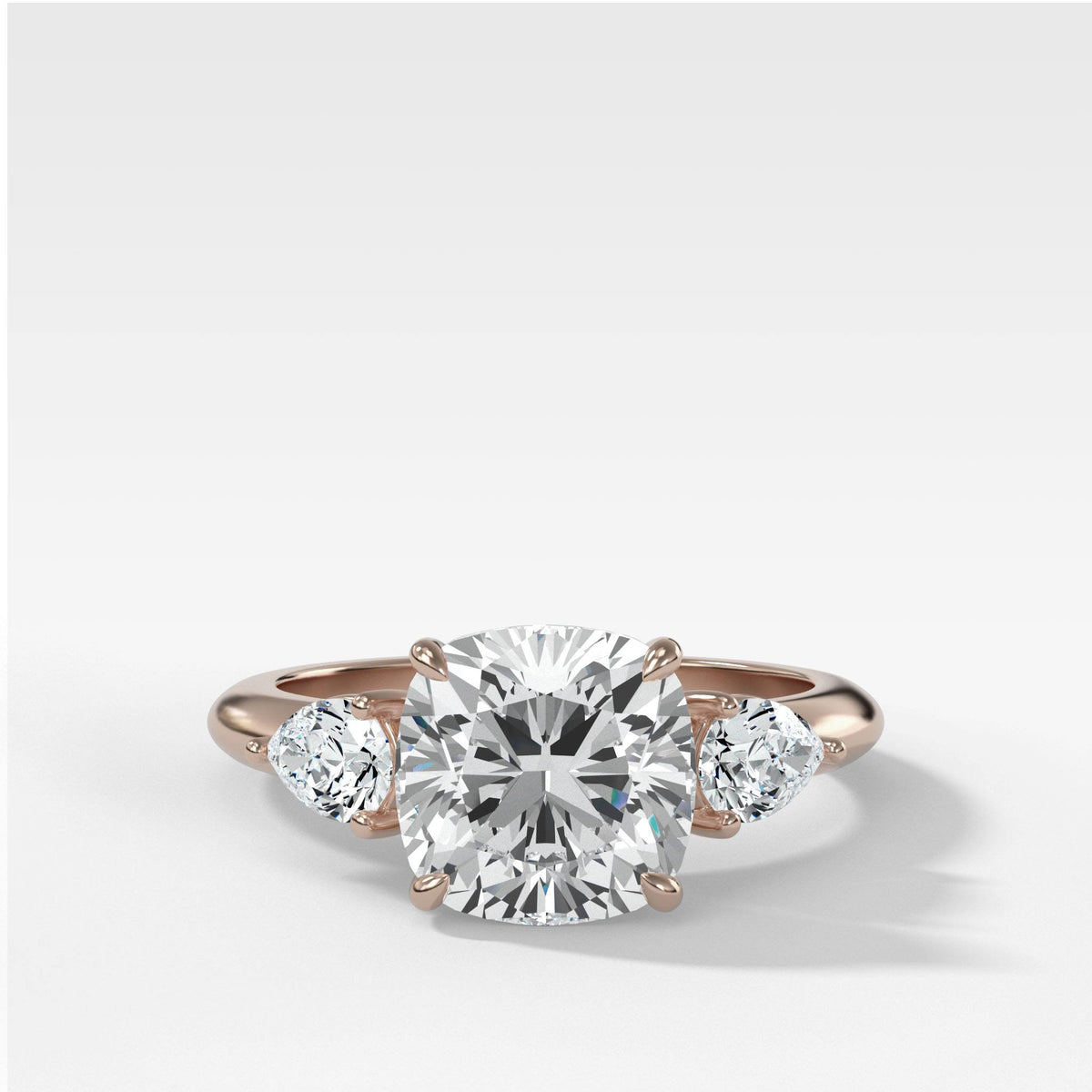 Three Stone Engagement Ring With Pear Side Stones and Cushion Cut by Good Stone in White Gold