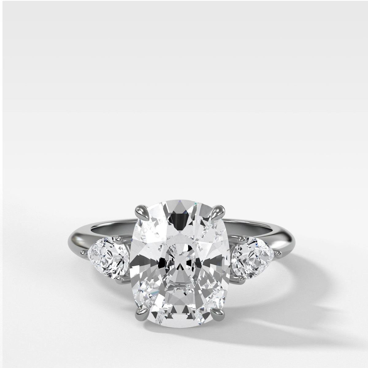 Three Stone Engagement Ring With Pear Side Stones and Elongated Cushion Cut by Good Stone in White Gold