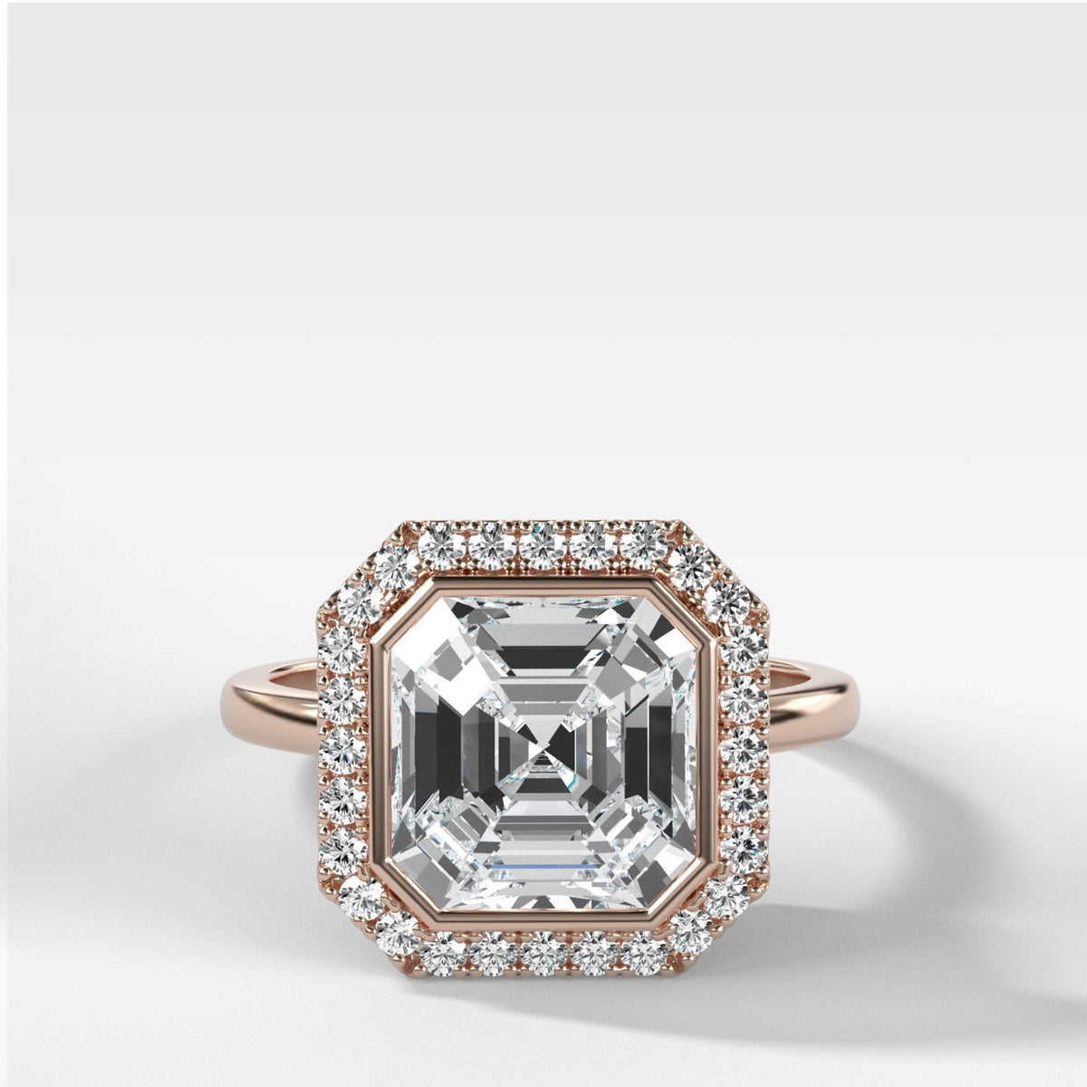 Bezel Set Halo Engagement Ring With Asscher Cut Diamond - GOODSTONE