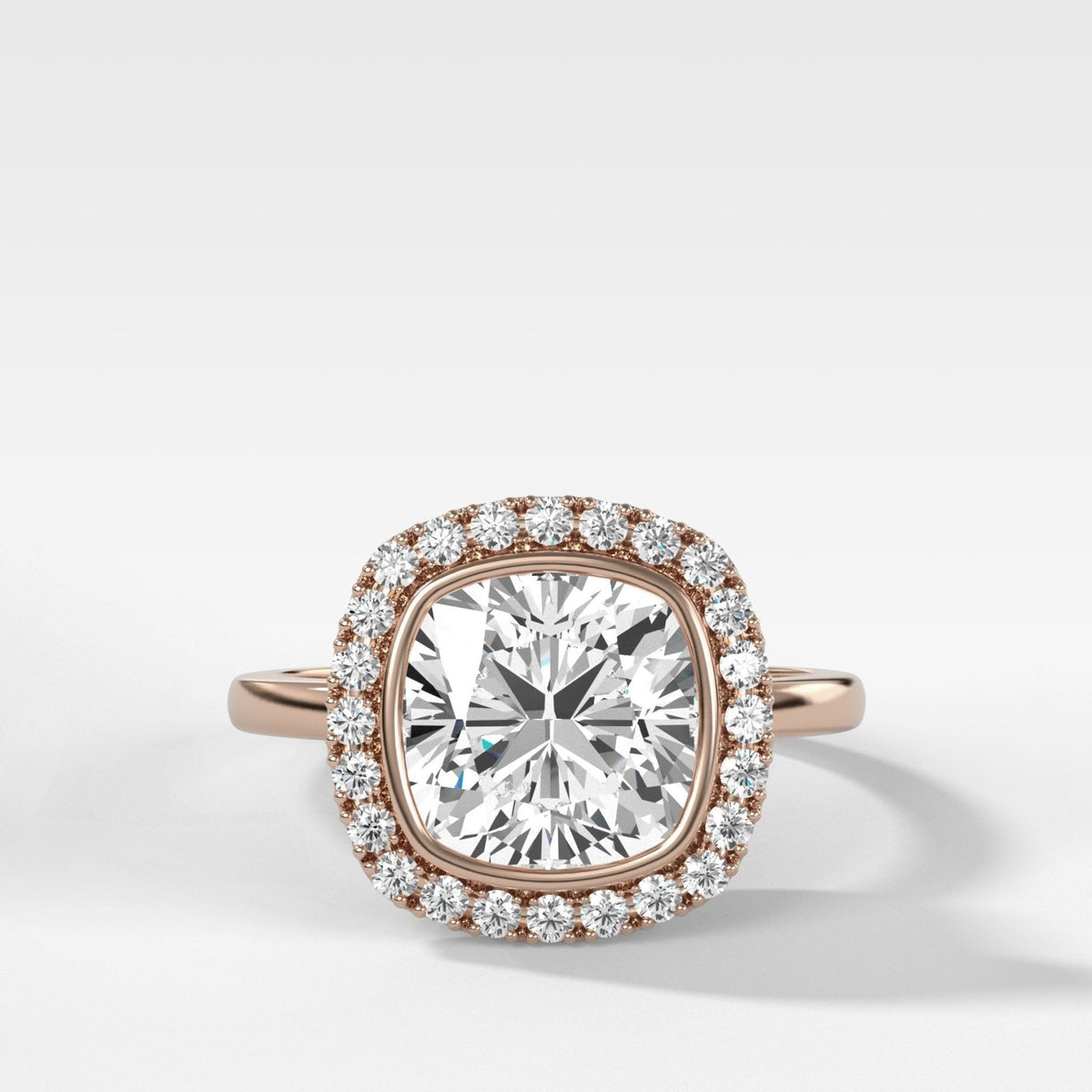 Bezel Set Halo Engagement Ring With Cushion Cut Diamond - GOODSTONE