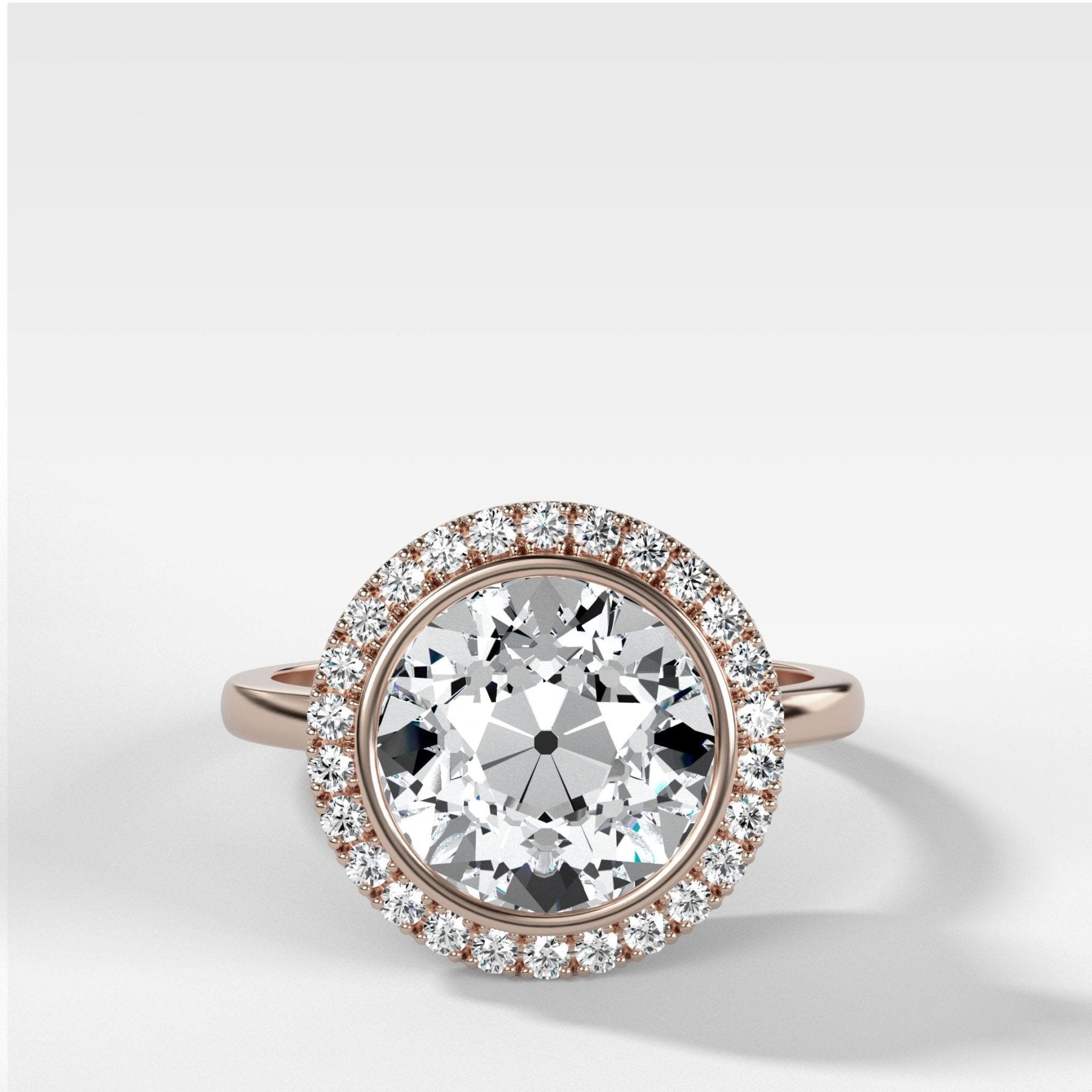 Bezel Set Halo Engagement Ring With Old Euro Cut Diamond - GOODSTONE