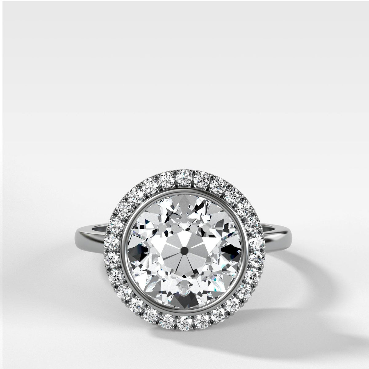 Bezel Set Halo Engagement Ring With Old Euro Cut Diamond - GOODSTONE