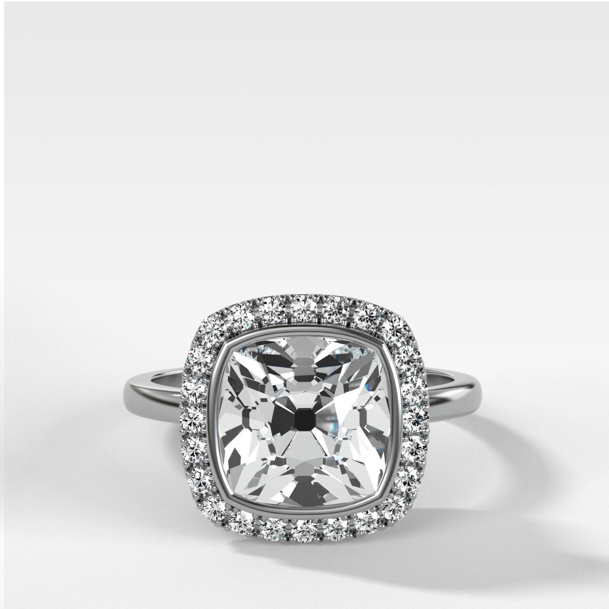 Bezel Set Halo Engagement Ring With Old Mine Cut Diamond - GOODSTONE