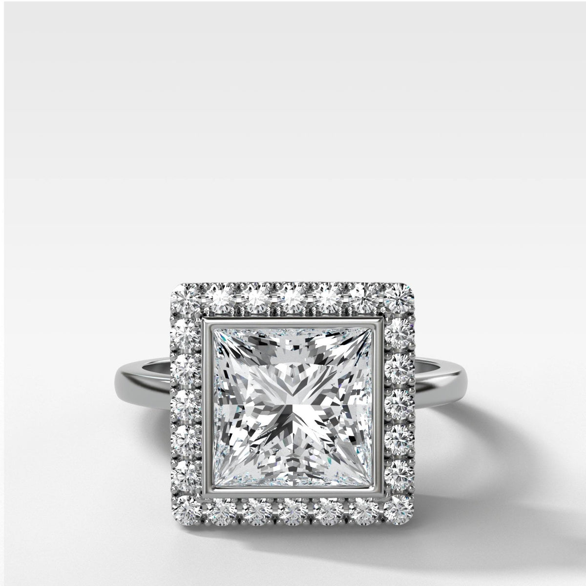 Bezel Set Halo Engagement Ring With Princess Cut Diamond - GOODSTONE
