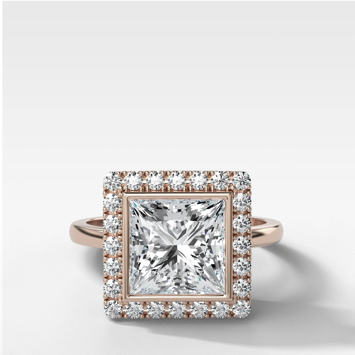 Bezel Set Halo Engagement Ring With Princess Cut Diamond - GOODSTONE