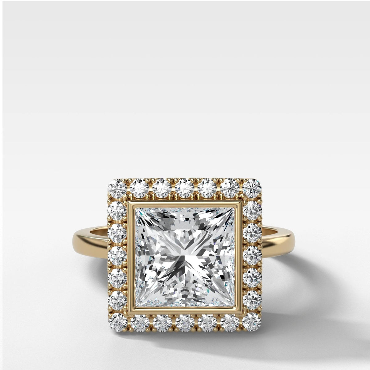 Bezel Set Halo Engagement Ring With Princess Cut Diamond - GOODSTONE