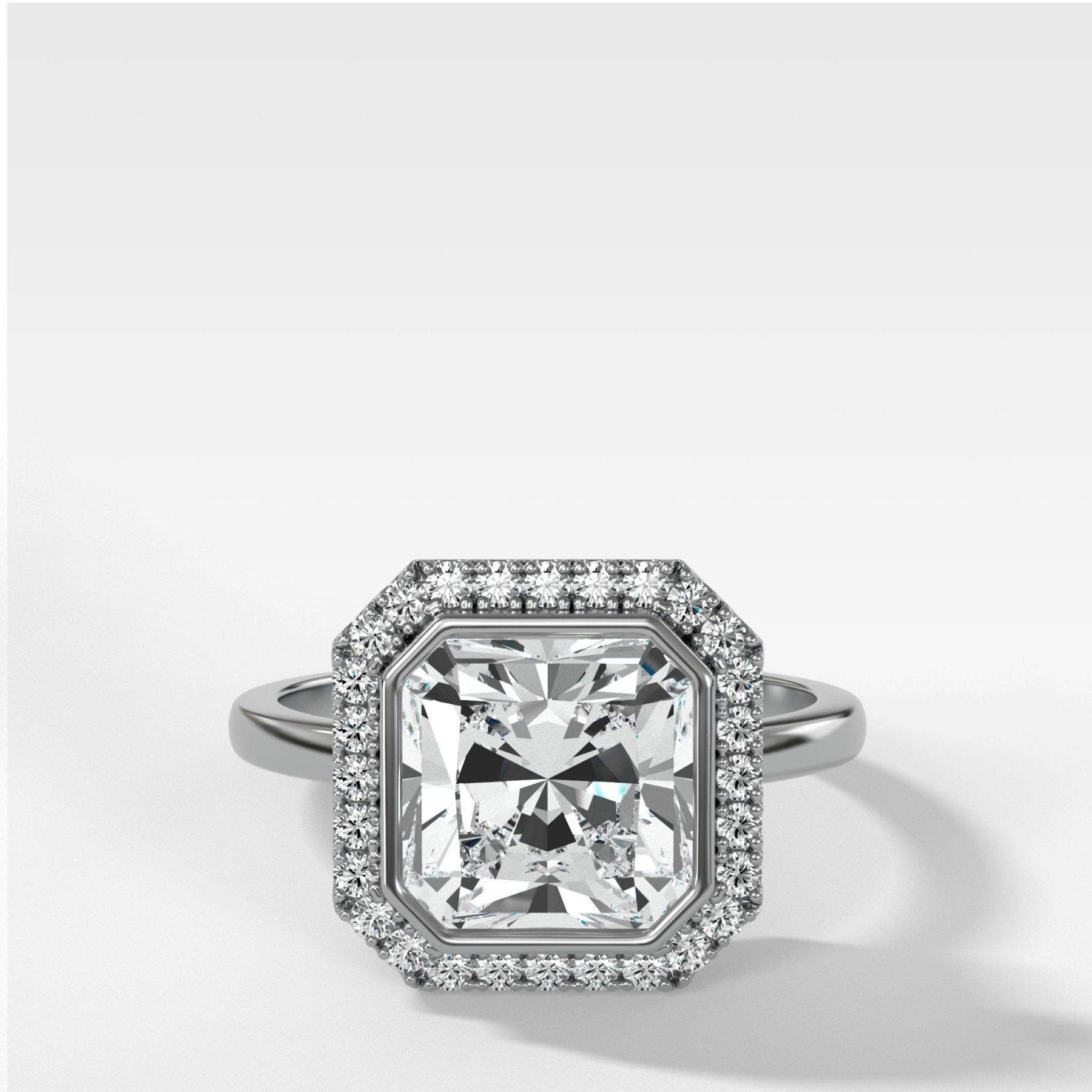 Bezel Set Halo Engagement Ring With Radiant Square Cut Diamond - GOODSTONE