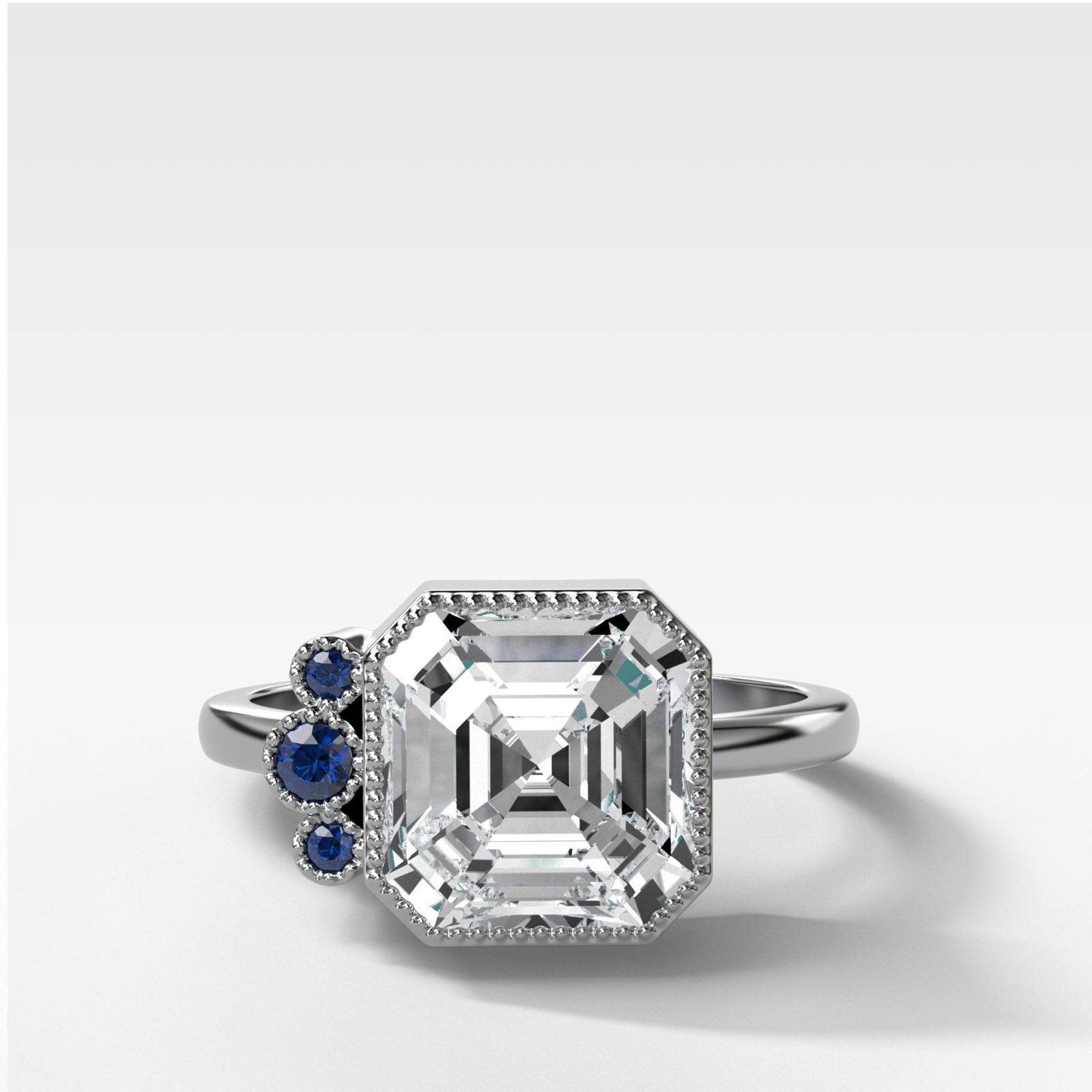 Blue Sapphire Cluster Engagement Ring With Asscher Cut - GOODSTONE