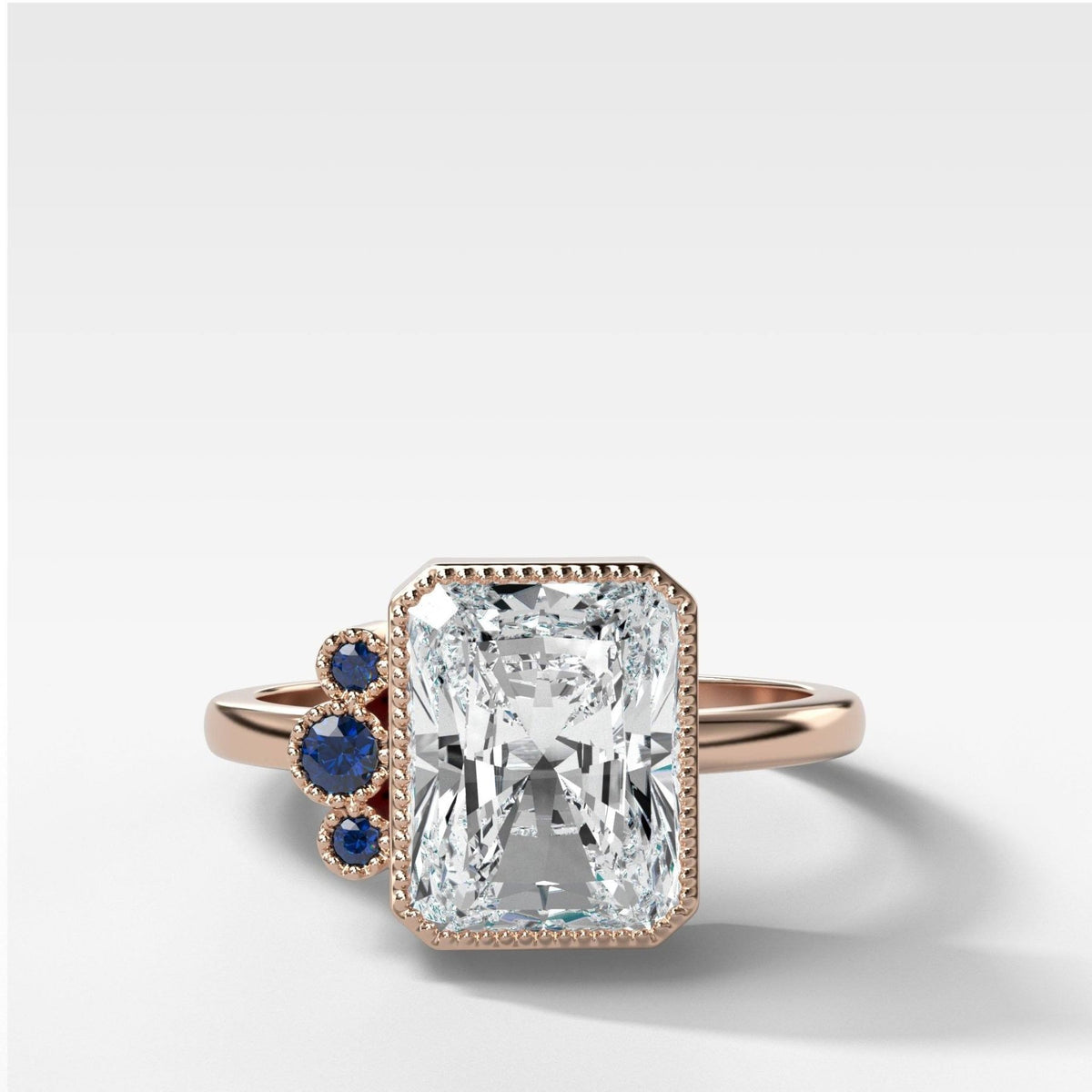 Blue Sapphire Cluster Engagement Ring With Elongated Radiant Cut - GOODSTONE