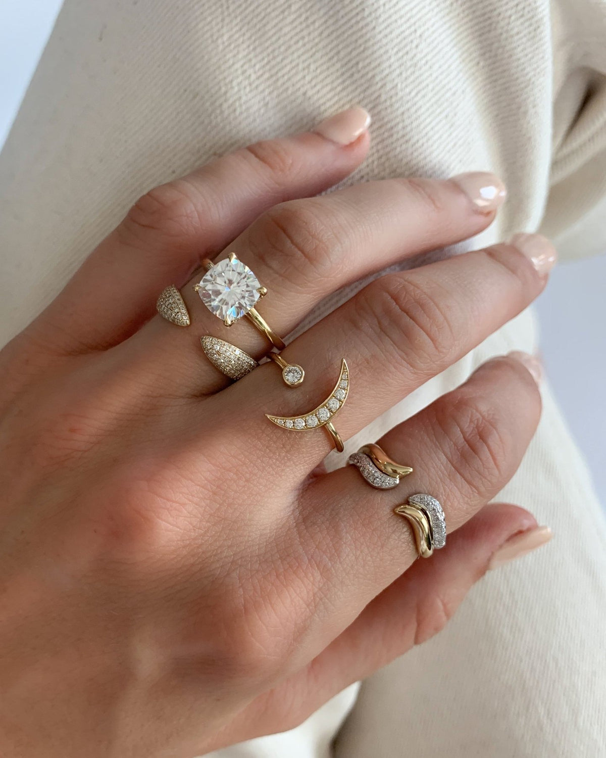 Crescent Solitaire Engagement Ring With Cushion Cut Diamond - GOODSTONE