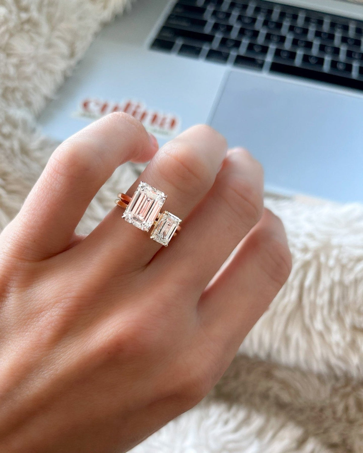 Crescent Solitaire Engagement Ring With Emerald Cut Diamond (North South) - GOODSTONE