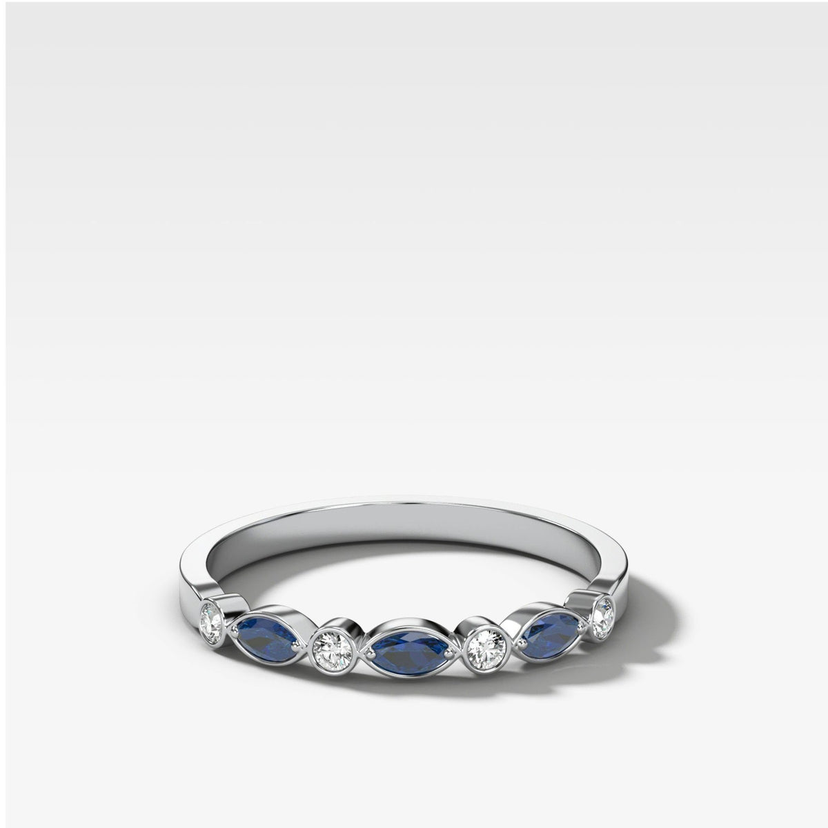 Diamond and Blue Sapphire Tiara Bezel Set Wedding Band - GOODSTONE