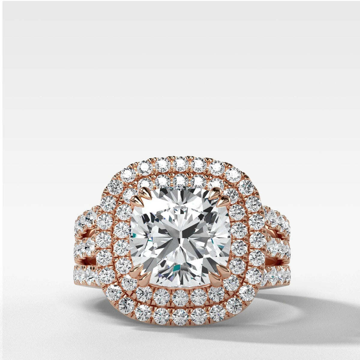 Double Halo Triple Shank Engagement Ring With Cushion Cut Diamond - GOODSTONE