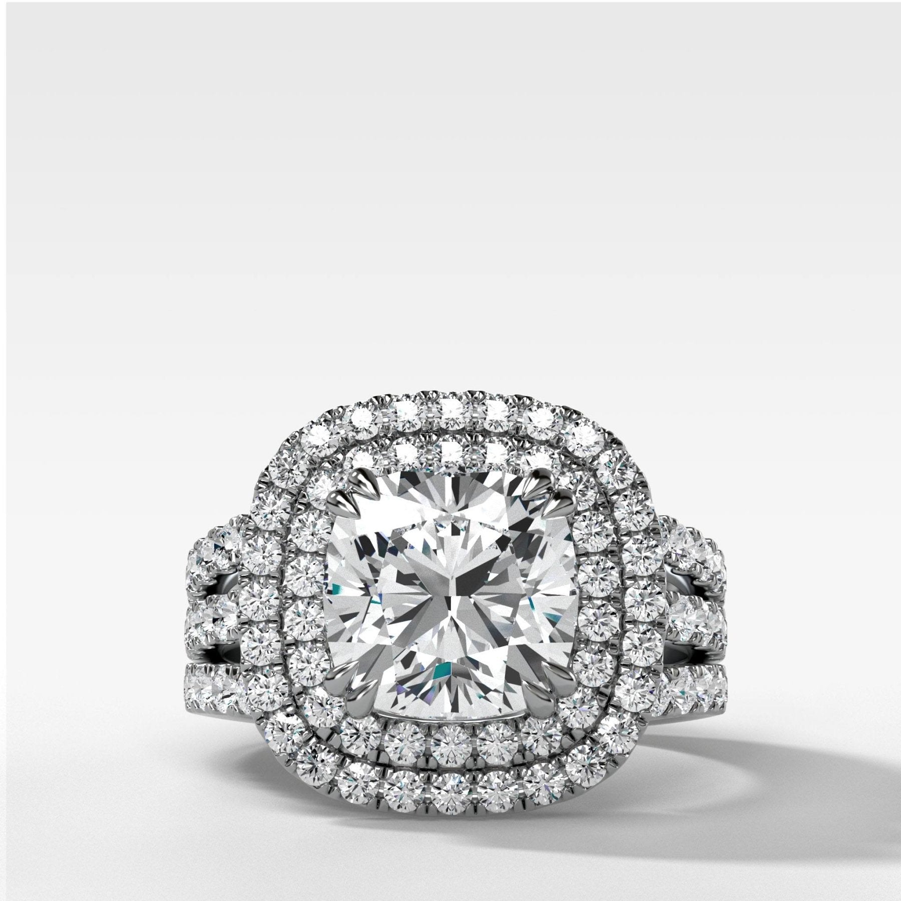 Double Halo Triple Shank Engagement Ring With Cushion Cut Diamond - GOODSTONE