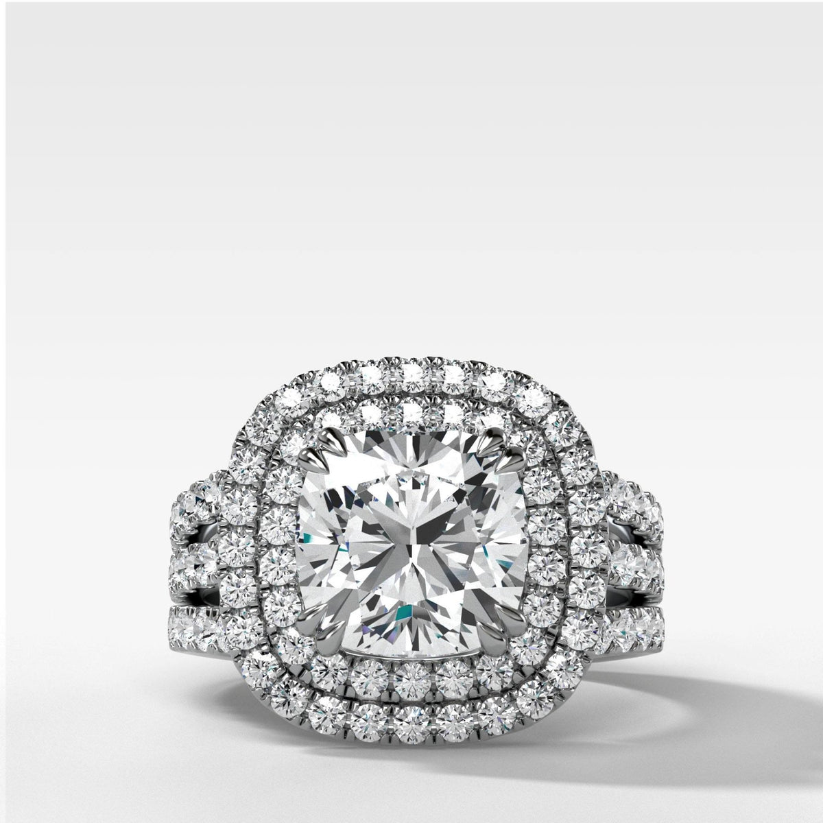 Double Halo Triple Shank Engagement Ring With Cushion Cut Diamond - GOODSTONE