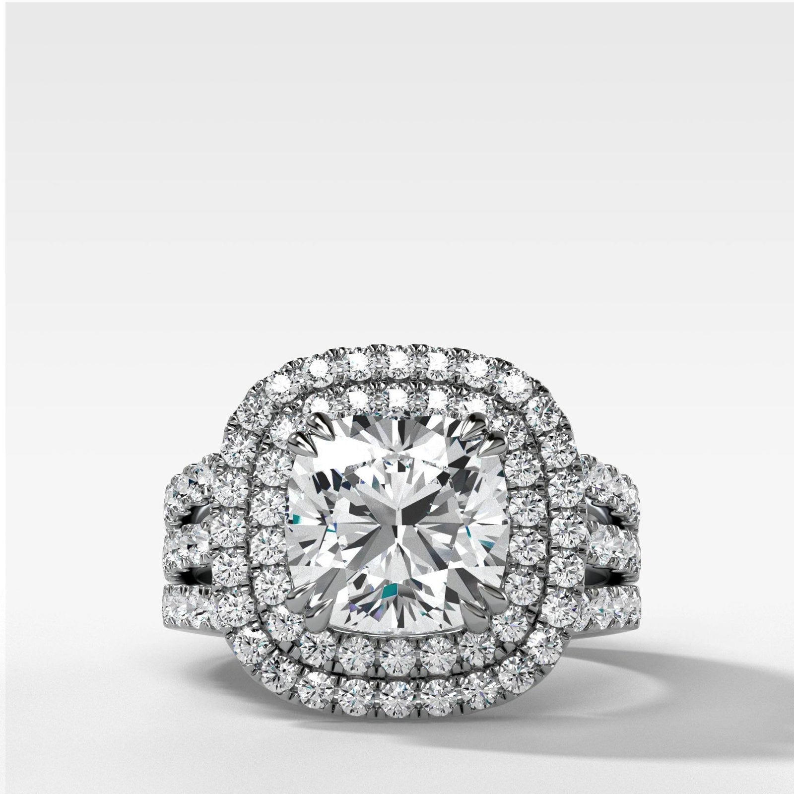 Double Halo Triple Shank Engagement Ring With Cushion Cut Diamond - GOODSTONE