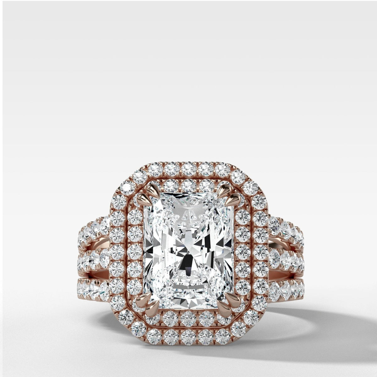 Double Halo Triple Shank Engagement Ring With Elongated Radiant Cut Diamond - GOODSTONE