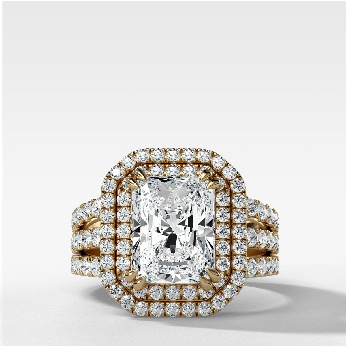 Double Halo Triple Shank Engagement Ring With Elongated Radiant Cut Diamond - GOODSTONE