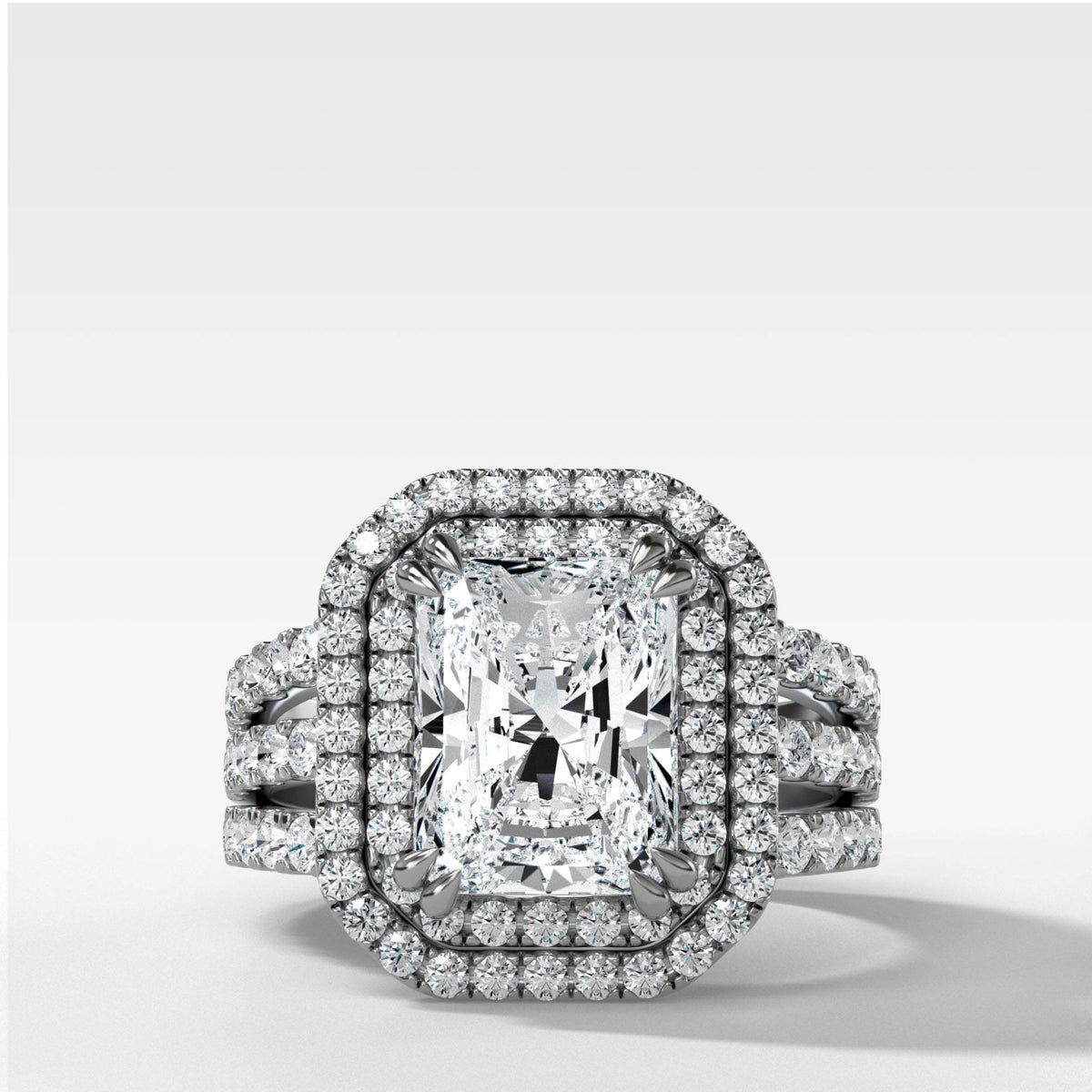 Double Halo Triple Shank Engagement Ring With Elongated Radiant Cut Diamond - GOODSTONE