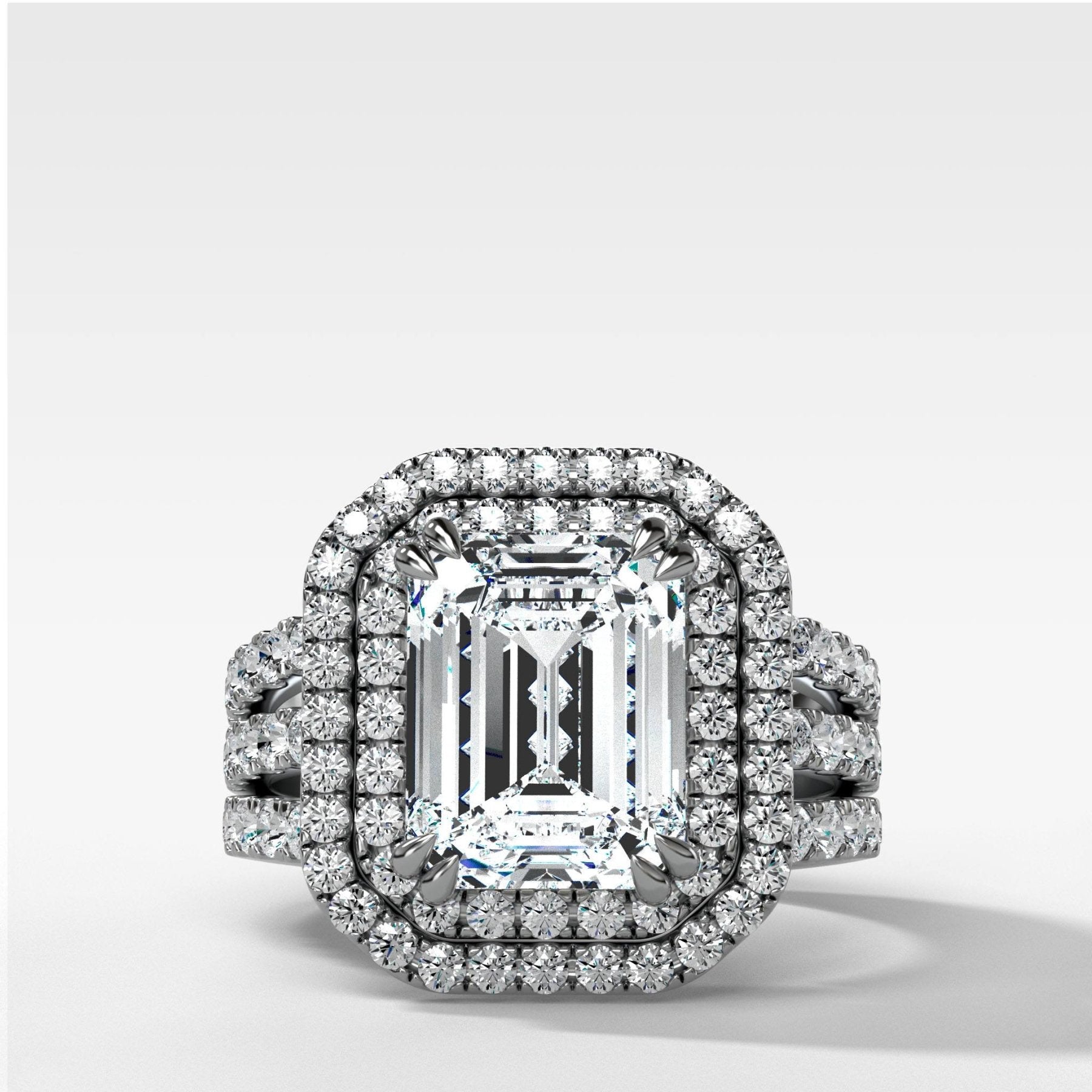 Double Halo Triple Shank Engagement Ring With Emerald Cut Diamond - GOODSTONE