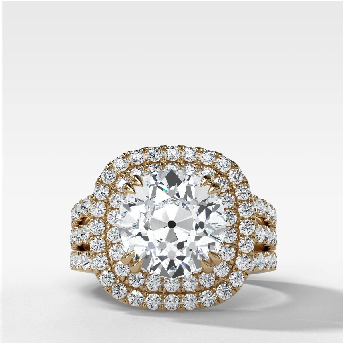 Double Halo Triple Shank Engagement Ring With Old Euro Cut Diamond - GOODSTONE