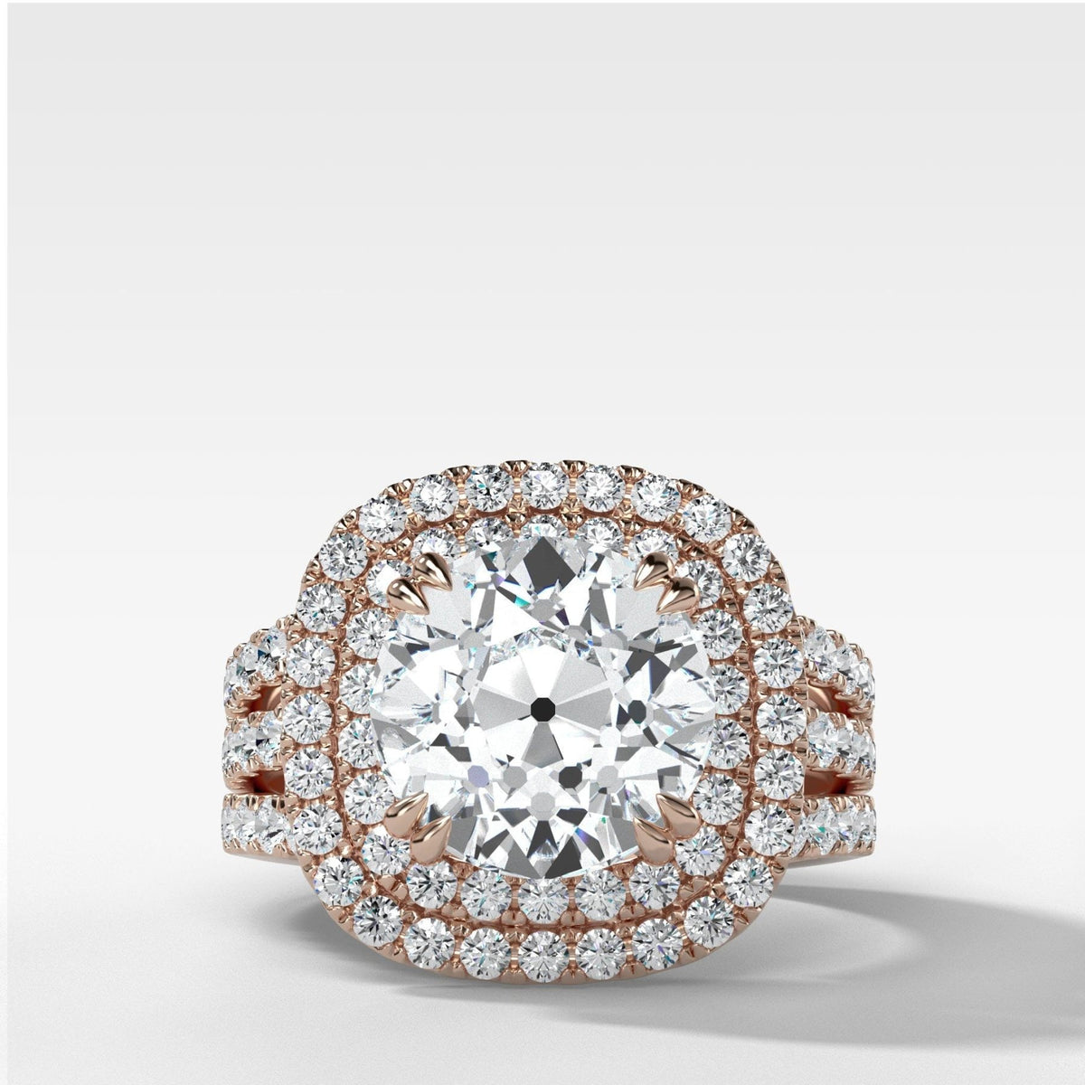 Double Halo Triple Shank Engagement Ring With Old Euro Cut Diamond - GOODSTONE