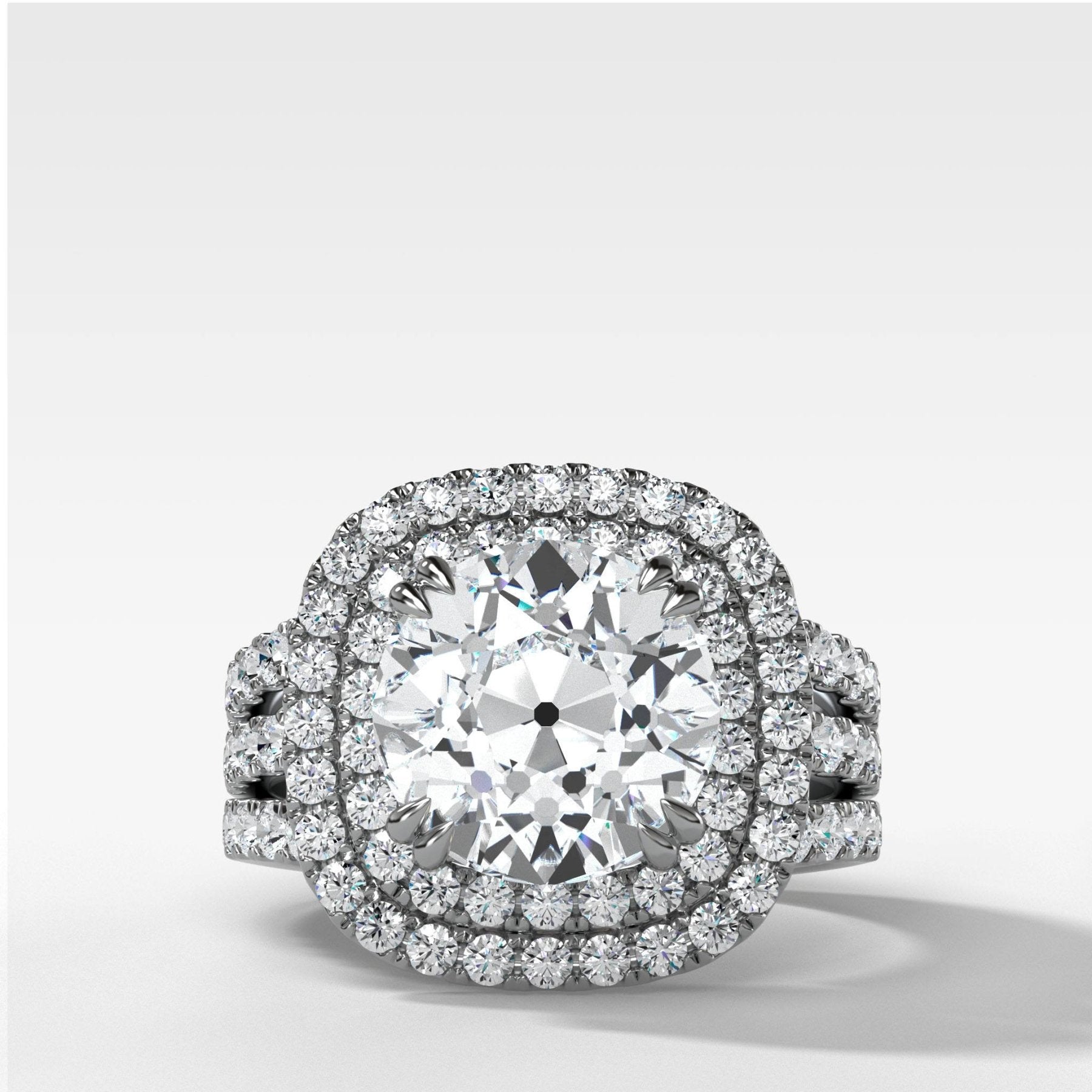 Double Halo Triple Shank Engagement Ring With Old Euro Cut Diamond - GOODSTONE