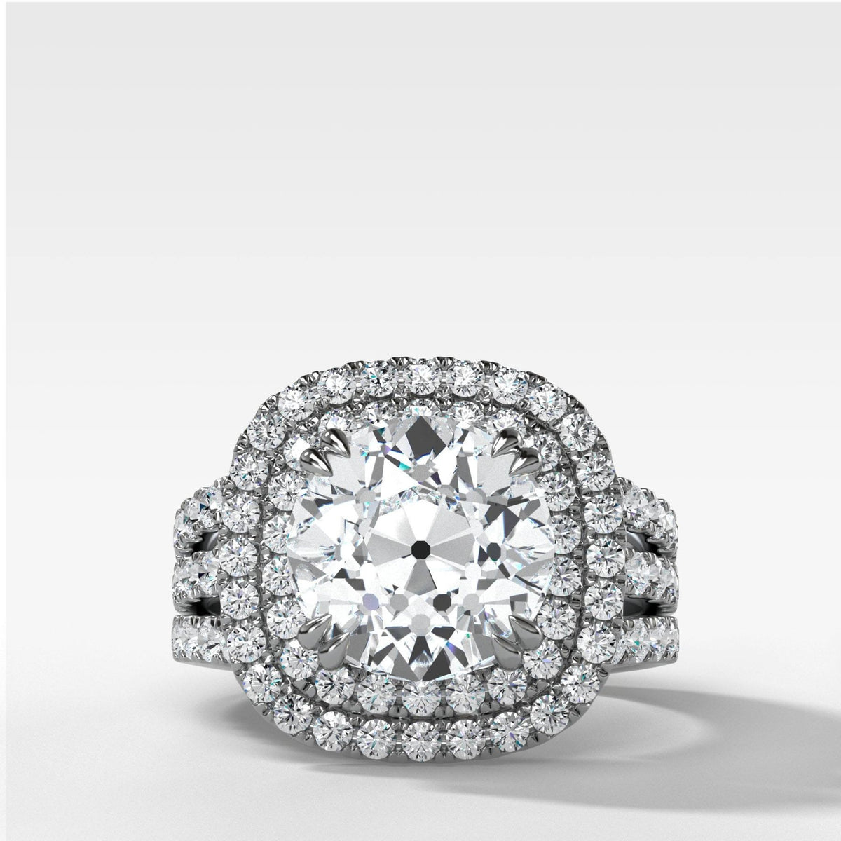 Double Halo Triple Shank Engagement Ring With Old Euro Cut Diamond - GOODSTONE